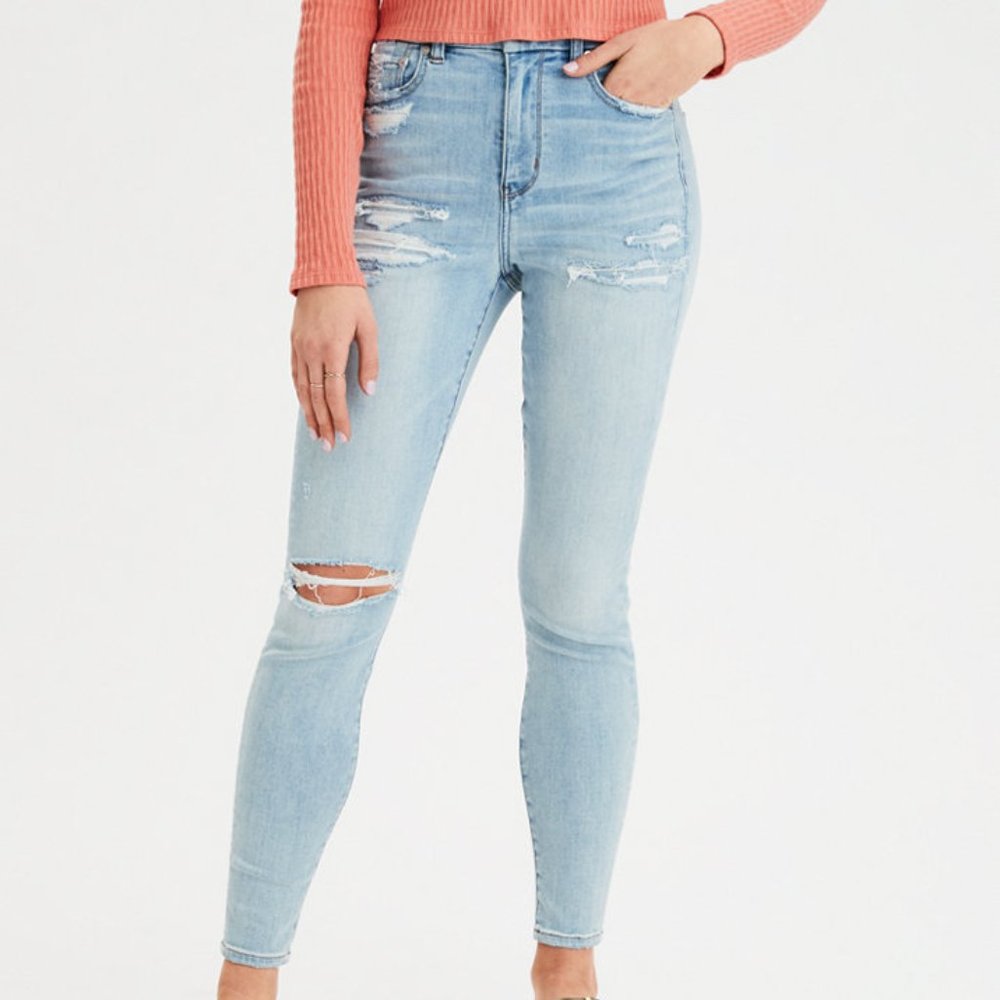 Women's American Eagle Next Level Stretch Light Wash Ripped Skinny Jeans